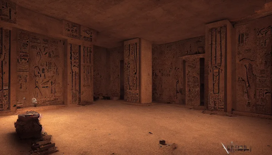 Image similar to Interior of the dusty abandoned dark Egyptian tomb, horror vibe, hyperdetailed, artstation, cgsociety, 8k