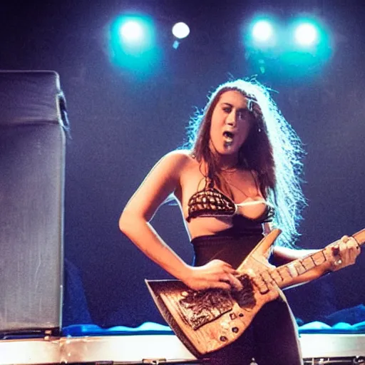 Image similar to a humanoid burrito wearing a bikini and shredding the electric guitar at a heavy metal concert