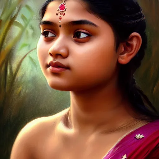 Prompt: Portrait of beautiful cute young Assamese teen girl wearing sleeveless mekhela, D&D, face, beauty expressive pose, bare shoulders, fantasy, intricate, elegant, highly detailed, digital painting, artstation, concept art, smooth, sharp focus, illustration, art by artgerm and greg rutkowski and alphonse mucha