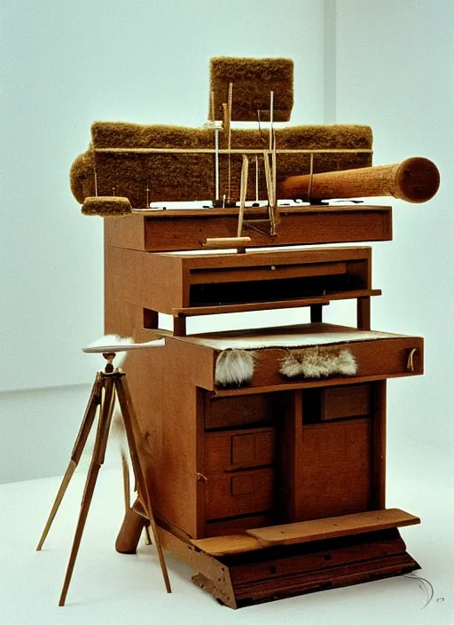 Image similar to realistic photo of a a medieval wooden astronomic archeology scientific equipment made of brushwood, with white fluffy fur, by dieter rams 1 9 9 0, life magazine reportage photo, natural colors