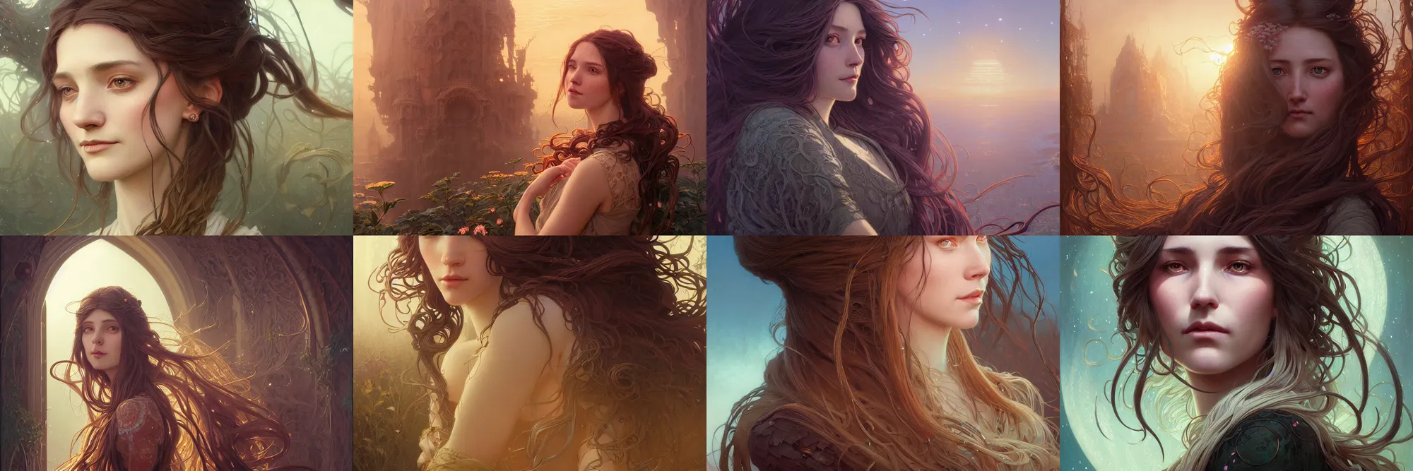 Image similar to highly detailed portrait of a woman with long hairs, stephen bliss, unreal engine, fantasy art by greg rutkowski, art nouveau, loish, rhads, ferdinand knab, makoto shinkai and lois van baarle, ilya kuvshinov, rossdraws, tom bagshaw, alphonse mucha, global illumination, radiant light, detailed and intricate environment