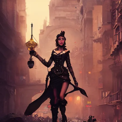 Image similar to a photograph of an attractive women in a steampunk city by greg rutkowski, sung choi, mitchell mohrhauser, maciej kuciara, johnson ting, maxim verehin, peter konig, 8 k photorealistic, cinematic lighting, hd, high details, dramatic, dark atmosphere, trending on artstation