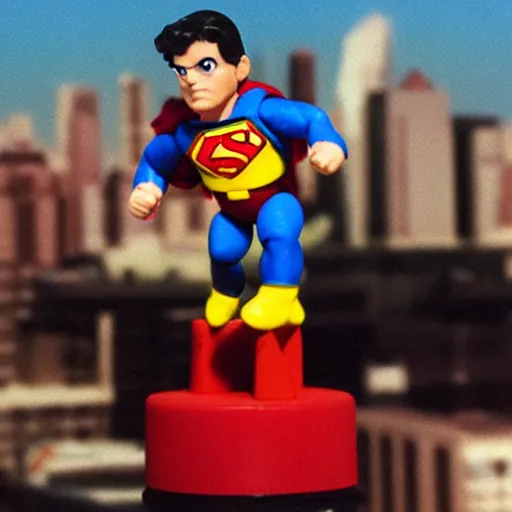 Prompt: toy photography. Superman action figure posed flying against a city backdrop. 1991. In Focus macro shot. Cover of Nintendo Power