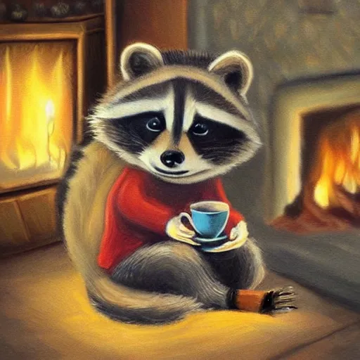 Image similar to little raccoon and sitting by a cozy fireplace with a cup of tea. warm color temperature,