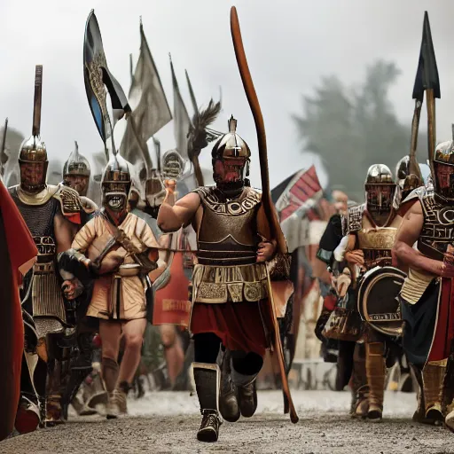 Prompt: Roman legions marching to a modern city, cinematic, dramatic lights