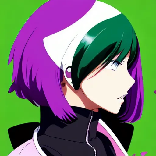 Image similar to anime poster film still portrait, young black woman, black black black woman, purple colored eyes!!!!, white french bob hairstyle, green colored bomber jacket, detailed facial features, dynamic pose,, rimlight, cel shaded, 4 k