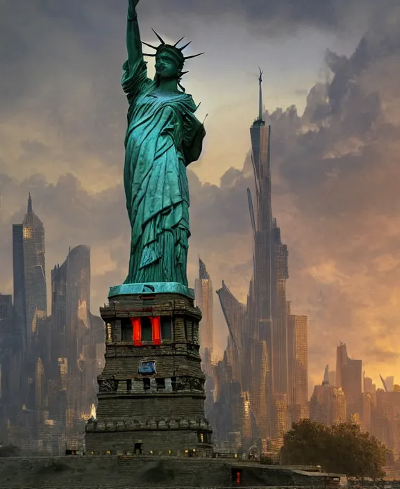 Image similar to highly detailed digital matte painting of a Lady Liberty statue with overgrowth Full shot. By Raphael LaCoste and Ruan Jia and Robert McCall, postcyberpunk, geodesic dome, hyperdetailed, sunrise, wide shot, autochrome, octane render