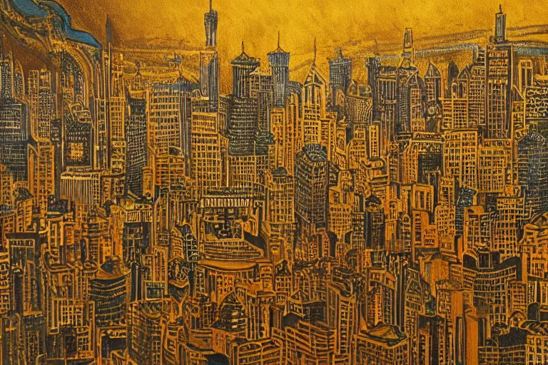 Prompt: city of golden shadows, intricate detailed painting, cityscape