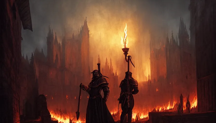 Prompt: a great inquisitor with a torch in his hands, behind which is a village burning with fire, the middle ages, fine details, blood, digital art, volumetric lighting, cinematic light, photorealistic, by greg rutkowski, by marc simonetti, by giger, by caravaggio, perfect faces, fine details, dark souls, 4 k,