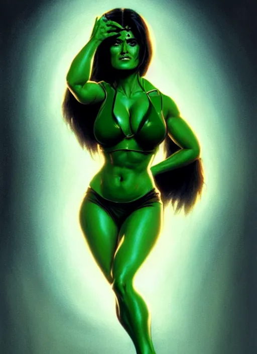 Prompt: salma hayek as she - hulk, intricate, elegant, glowing lights, highly detailed, digital painting, artstation, glamor pose, concept art, smooth, sharp focus, illustration, art by artgerm and greg rutkowski, artey freytag