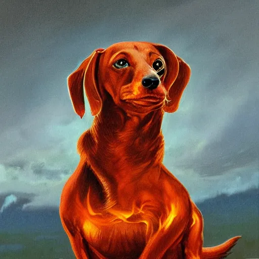 Prompt: Highly detailed portrait of a fire elemental dachshund, painted by Gerald Brom