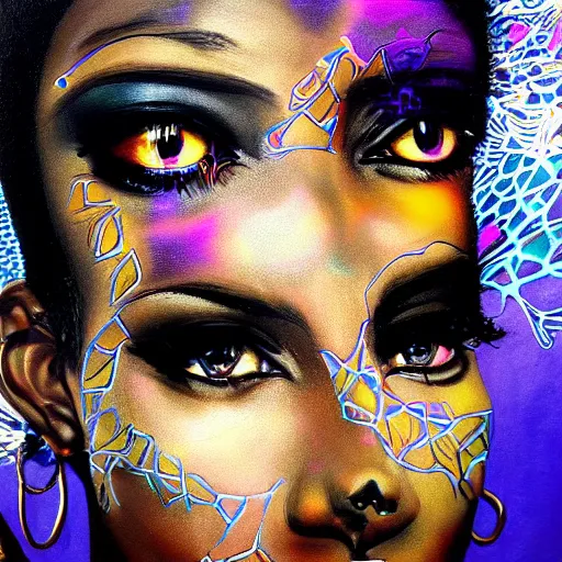 Prompt: Beautiful African woman surrounded by ferrofluid painting Sachin Ten, asymmetric, dark vibrations, Realistic painting, Organic painting, Matte painting, geometric shapes, hard edges, graffiti, street art:2 Sachin Ten:4