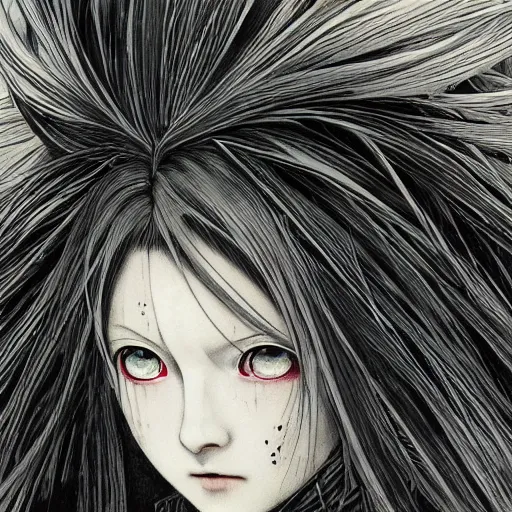 Image similar to yoshitaka amano realistic illustration of an anime girl with black eyes, wavy white hair fluttering in the wind and cracks on her face wearing elden ring armor with engraving, abstract black and white patterns on the background, noisy film grain effect, highly detailed, renaissance oil painting, weird portrait angle, three quarter view, head turned to the side