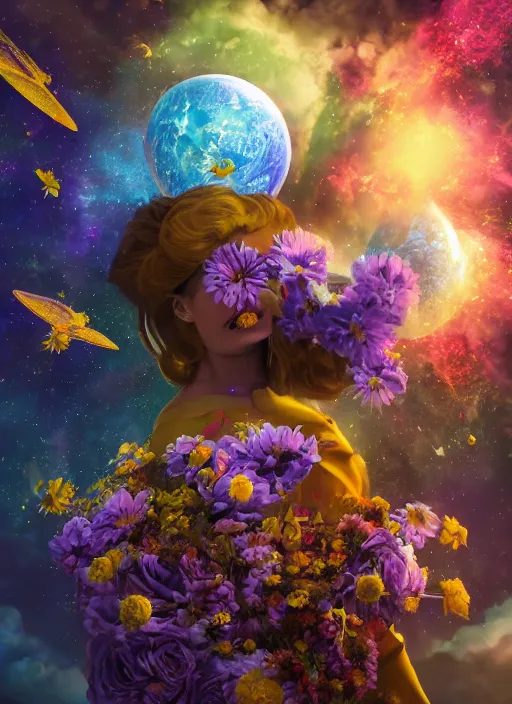 Image similar to An epic fantastic realism comic book style painting of the most beautiful flowers launched into space, bouquets, solar eclipse, fisheye, unreal 5, DAZ, hyperrealistic, octane render, dynamic lighting