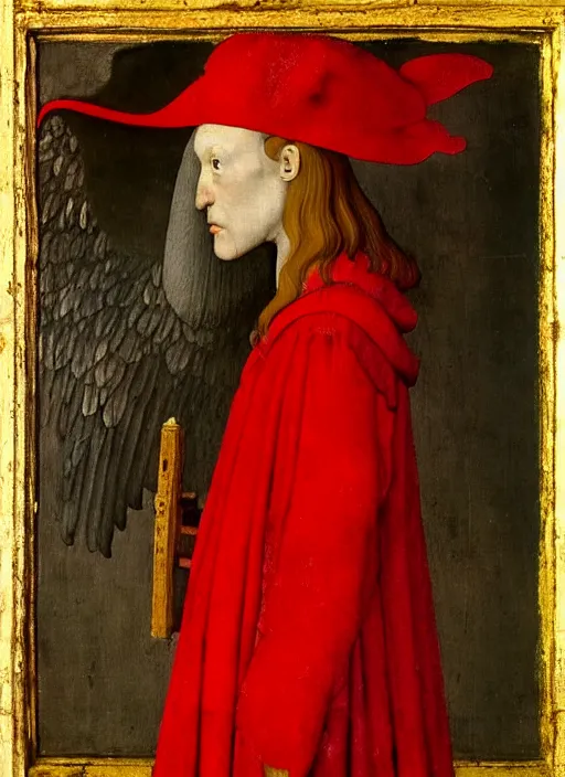 Image similar to profile of a fallen angel dressed in red with wings by Jan van Eyck, Hieronymus Bosch, Johannes Vermeer 4k post-processing, highly detailed medieval painting