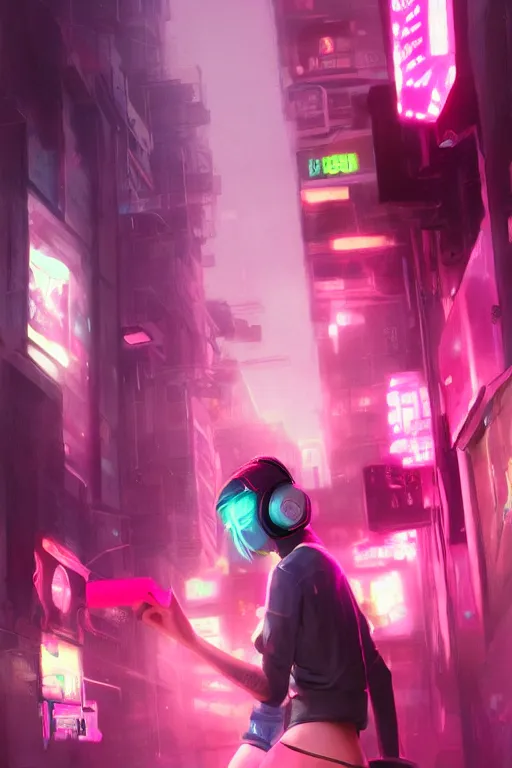 Image similar to gamer girl with a pink headset, city street, cyberpunk, harsh neon lights, highly detailed, sharp focus, digital painting, illustration, trending on artstation, art by sakimichan, wlop, greg rutkowski