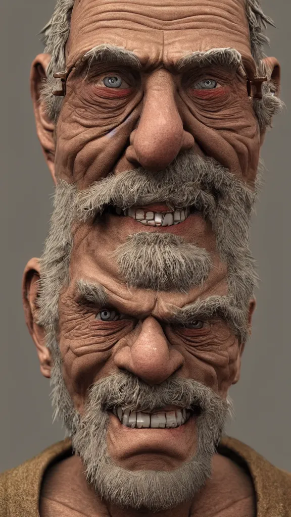 Image similar to A highly detailed portrait 3D render of a craggly old man, wise, gaunt, ancient. Smiling. ZBrush, Blender. Trending on cgsociety. Dramatic lighting. Beautiful. By Mark Mann and Jimmy Nelson.