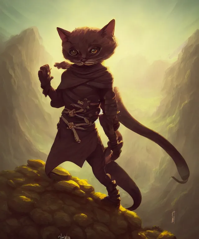 Image similar to anthropomorphic cat ninja, ninja outfit, standing in a beautiful landscape, cute and adorable, dnd character art portrait, matte fantasy painting, deviantart artstation, by jason felix by steve argyle by tyler jacobson by peter mohrbacher, cinematic lighting