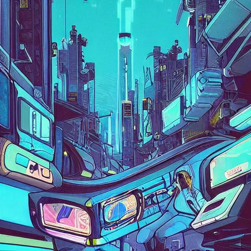 Image similar to astronaut cyberpunk surreal upside down city neon lights moebius