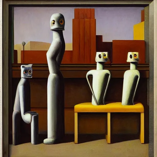 Image similar to three brutalist feline robots portrait, grant wood, pj crook, edward hopper, oil on canvas