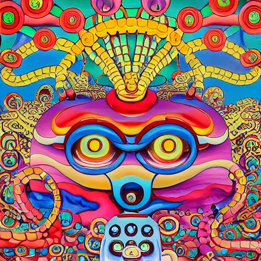 Image similar to beautiful painting of anthropomorphic steam railway engine monster truck snake oil salesman cowboy caveman hydra, neo - andean architecture art by takashi murakami, art by lisa frank, art by jacek yerka, art by victor moscoso. lifelike mechanical eyes. locomotive snake. trending on artstation, hyperrealism, 1 0 k