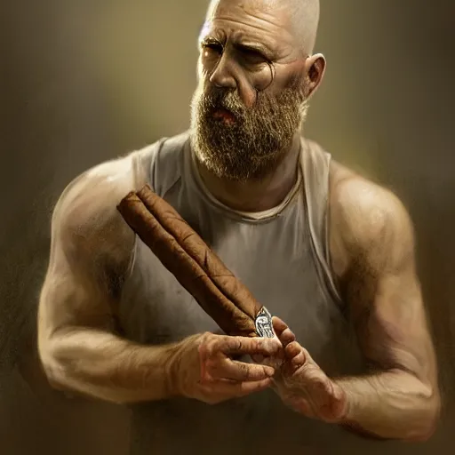 Image similar to epic portrait A man smoking a cigar and shooting zombies with a shotgun, white tank top, beard, buzzcut, apocalyptic, digital painting, artstation, concept art, soft light, hdri, smooth, sharp focus, illustration, fantasy, intricate, elegant, highly detailed, D&D, matte painting, in the style of Greg Rutkowski and Alphonse Mucha and artemisia, 8k, highly detailed, jurgens, rutkowski, bouguereau, pastoral, rustic, georgic