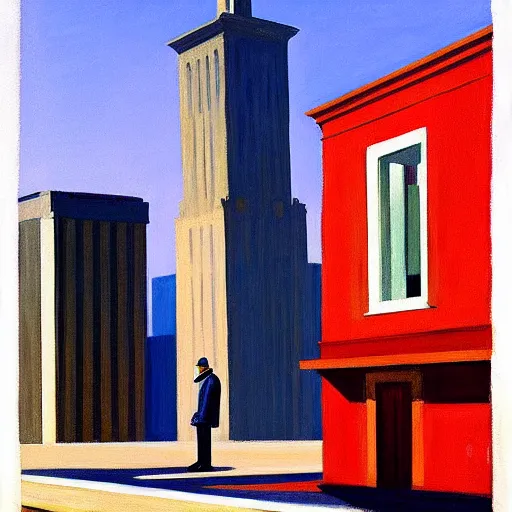 Image similar to painting of a lone man in front of a tall building. by edward hopper and james gilleard