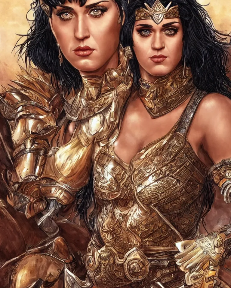 Image similar to katy perry as an amazon warrior, a tall beautiful woman with brown skin and long hair, dressed in hellenistic body armor, intricate, elegant, highly detailed, smooth, sharp focus, detailed face, art by ardian syaf