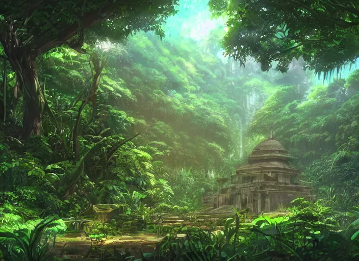 Prompt: a lost temple deep in the jungle, overgrown with vines and trees by makoto shinkai, digital art