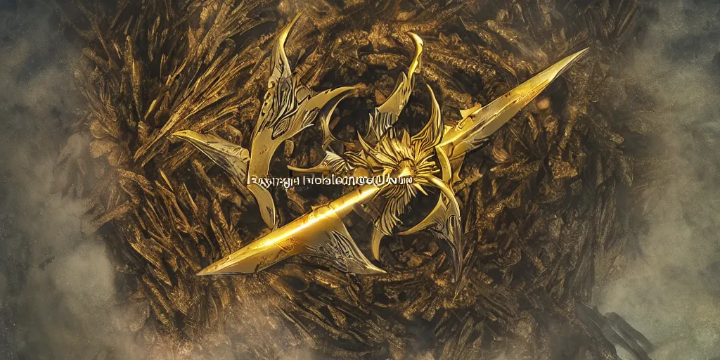 Prompt: the glaive from krull, a large golden ornate magical shuriken, flies thru a ancient forest leaving a trail of particles, the glaive is in sharp focus but the background is blurred