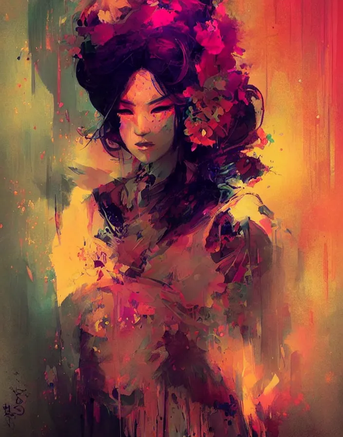 Image similar to portrait of a beautiful geisha, volume lighting, concept art, by greg rutkowski!!, colorful, xray melting colors!!