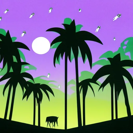 Image similar to ufo and aliens abducting cows from the distance in far pastures during summer night with palm trees. by patrick nagel, minimalist lighting, 1 0 0 0 mm. purple and green gammas.