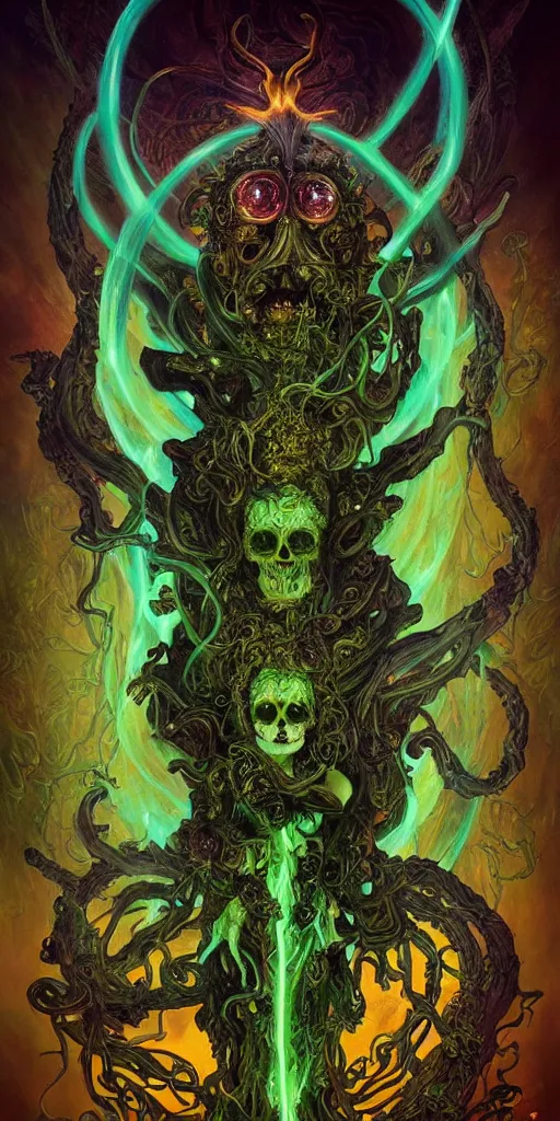 Image similar to intense glowing angry pagan fungus god with horns and tentacles and intense glowing eyes and a mossy skull in very dark cosmic space by karol bak and artgerm and alphonse mucha, portrait, fantasy, clear, light beams, lens flare, intense, uhd, amazing depth, cinematic lighting, deep green and teal and brown and shining gold