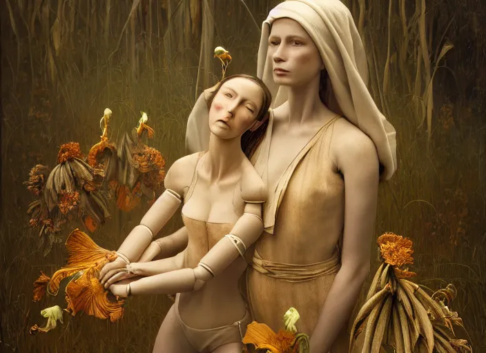 Image similar to a cinematic portrait of a beautiful female jointed handmade wooden doll, holding each other, abandoned, surrounded by big moths and withered lilies, by james c. christensen, by tomasz alen kopera, by raphael, 8 k, rendered in octane, cinematic, 3 d, volumetric lighting, highly detailed