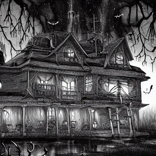 Image similar to spooky swamp mansion, black and white, pencil illustration, comic art, artstation