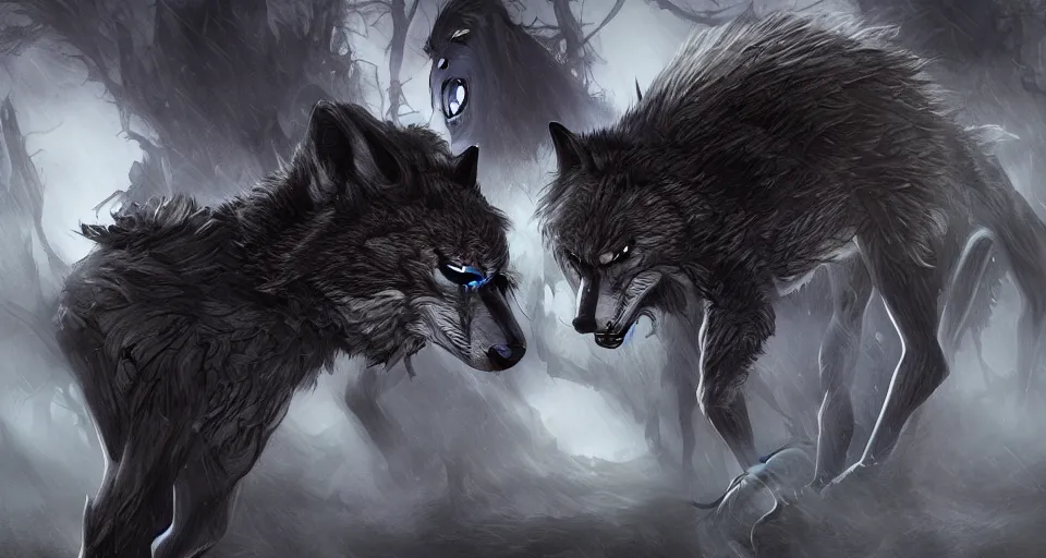 Image similar to an epic action concept masterpiece of the animal wolf - nightmares are made of, inspired by sd ai. horrific digital art, extremely moody lighting