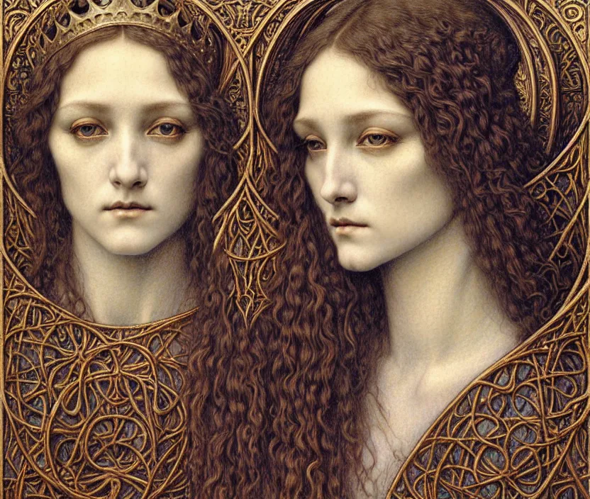 Image similar to detailed realistic beautiful young medieval queen face portrait by jean delville, gustave dore and marco mazzoni, art nouveau, symbolist, visionary, gothic, pre - raphaelite. horizontal symmetry