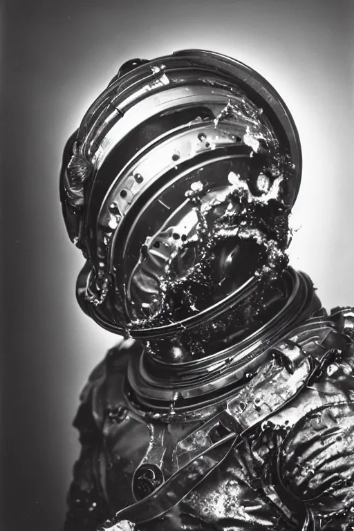 Prompt: extremely detailed studio portrait of space astronaut, alien tentacle protruding from eyes and mouth, slimy tentacle breaking through helmet visor, shattered visor, full body, soft light, plain studio background, disturbing, shocking realization, award winning photo by yousuf karsh