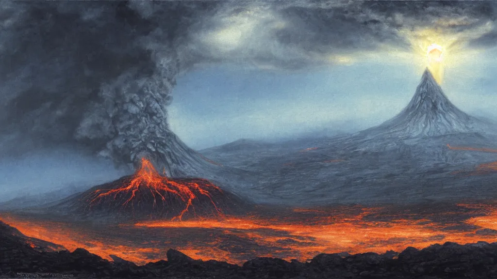 Image similar to volcanic plains of mordor, flaming eye of sauron in the dark clouds above, by alan lee, intricate, lord of the rings calendar, smooth, detailed terrain, oil painting, trending artstation, concept art, matte painting