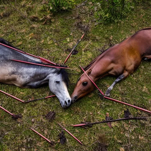 Image similar to two dead horses with many arrows on their body, lying on the woods path, dense thickets on each side, photo, 8 k