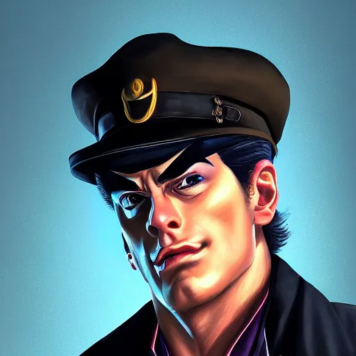 Image similar to portrait of jotaro kujo by alexey gogin, symmetrical, global illumination, sharp focus, digital painting