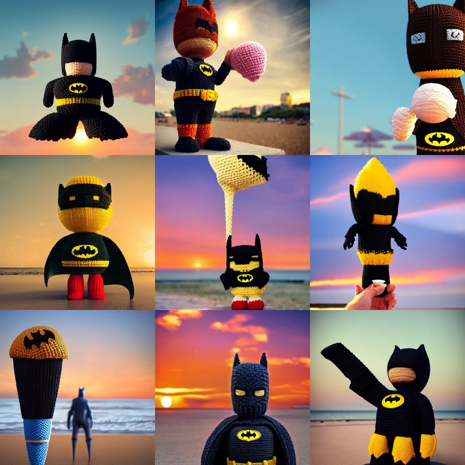 Prompt: a large knitted batman enjoying a delicious ice cream cone during sunset at the beach Trending on artstation, featured on Behance, well-rendered, Unreal Engine, 4K HD