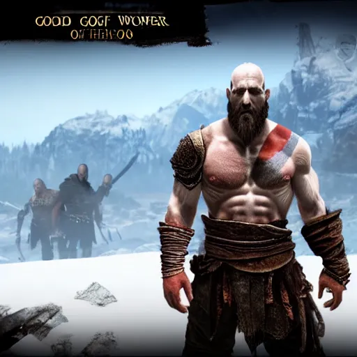 Prompt: screenshot of the game God of War with Kratos and Walter White standing next to eachother