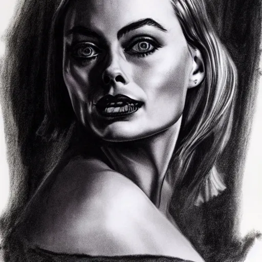 Prompt: charcoal drawing of margot robbie | horror themed | creepy