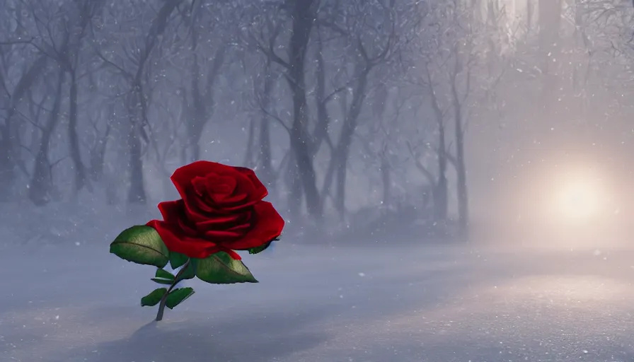 Prompt: red rose in the snow, sunlight, volumetric light, hyperdetailed, artstation, cgsociety, 8 k