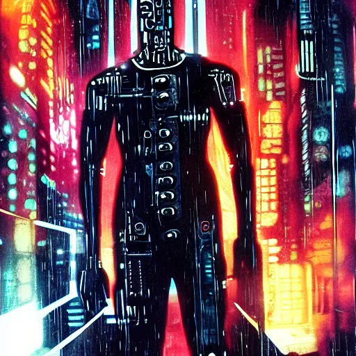 Image similar to a menacing cyborg, in the style of bladerunner movie.