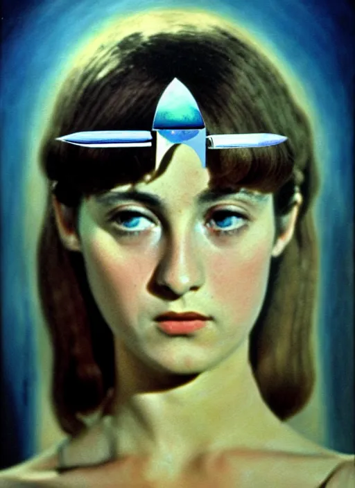 Image similar to 1971 film still from an Italian drama film of a young French actress as the goddess of razor blades. ultra detailed painting at 16K resolution and amazingly epic visuals. epically beautiful image. amazing effect, image looks gorgeously crisp as far as it's visual fidelity goes, absolutely outstanding. vivid clarity. ultra. iridescent. mind-breaking. mega-beautiful pencil shadowing. beautiful face. Ultra High Definition. godly shading. amazingly crisp sharpness. photorealistic film cel processed twice..