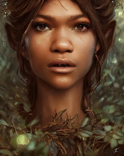 Image similar to zendaya as a fairy, hyper realistic face, beautiful eyes, fantasy art, in the style of greg rutkowski, intricate, hyper detailed, smooth