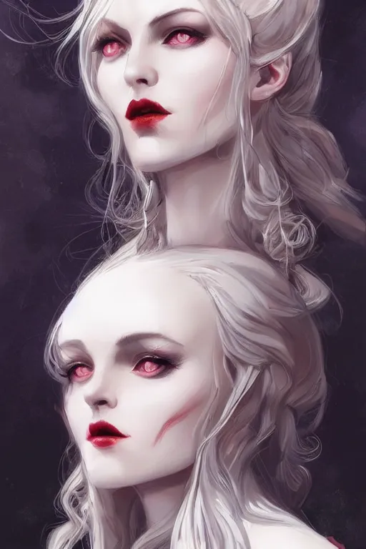 Image similar to beautiful wicked female occultist, sweeping ombre blonde hair, red eyes, portrait, high cheekbones, Victorian, black velvet dress, dark colors, magic Amulet, fantasy painting, trending in Artstation, GSociety, by Charlie Bowater, Brom, Bastien Lecouffe-Deharme