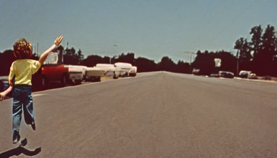 Prompt: 7 0 s film still from a horror movie about a boy flying above the interstate highway, kodachrome, cinecolor, cinestill, film grain, film texture, retro, cinematic, high resolution, photorealism,